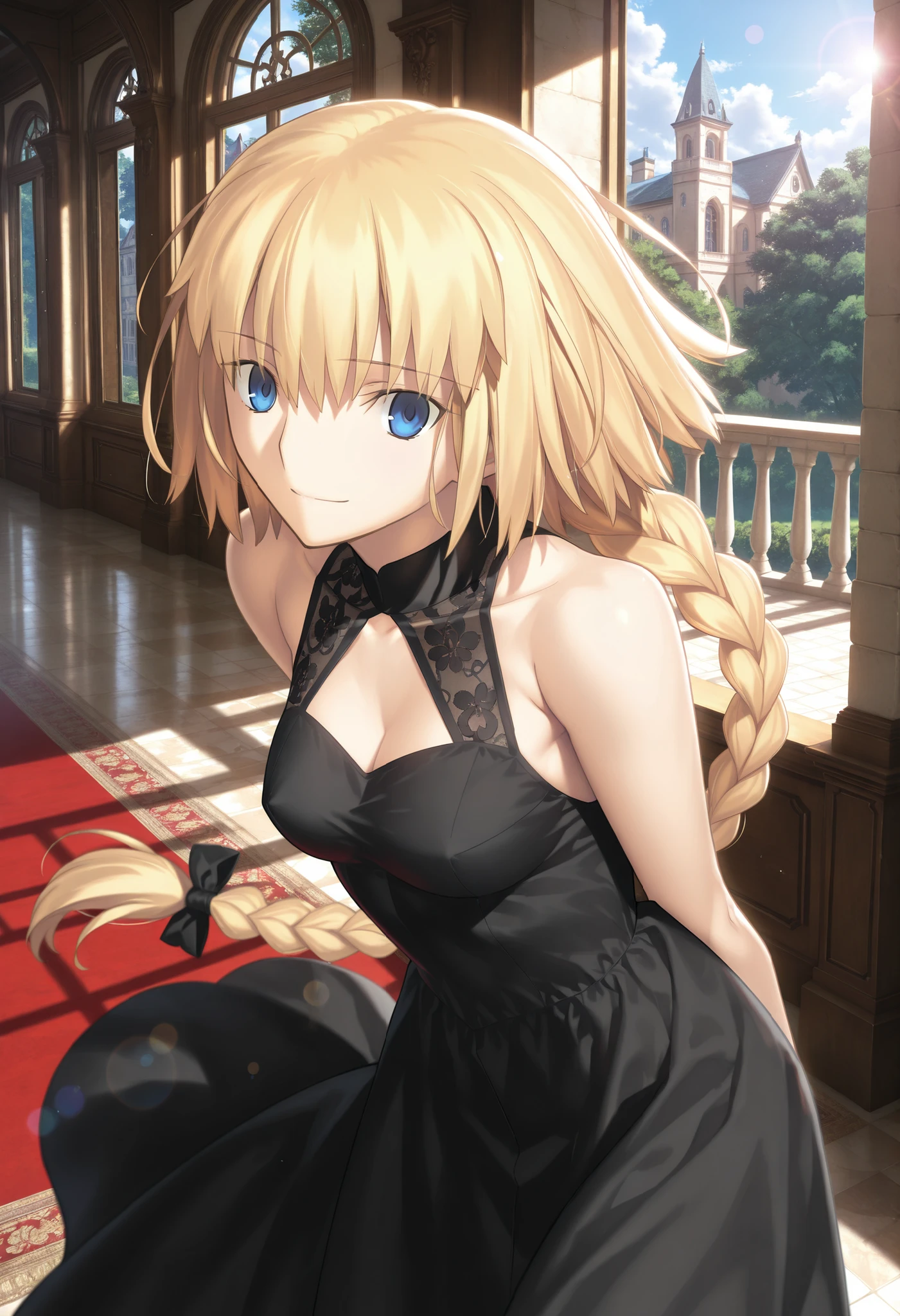 masterpiece, , absurdres, highres, detailed background, high resolution, masterpiece, necessary, detail, best quality, quality, necessary, details, High details, Precise, indoors, (dappled sunlight), european architecture, day, lens flare, blurry background, from above, upper body, , solo, ,
1girl, , Takeuchi Takashi (type-moon,tsukihime) style, takeuchi takashi style, ((leaning forward, arms behind back)), light smile ,
tall girl, mature, jeanne d arc, \(fgo\), blue eyes, , jeanne d arc, blonde hair, medium hair, ( floating hair ), (black lace dress), big braid, single braid, small breasts, looking at viewer, ,