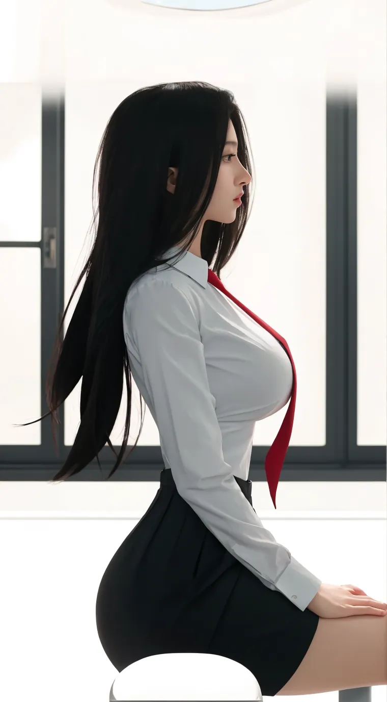 Girl, One, Top Quality, Beautiful, Pretty, Shine, Large breasts, Long Hair, Masterpiece, Cat Eyes, Uniform, Black Hair, Big Ass, Smile, Long Lashes