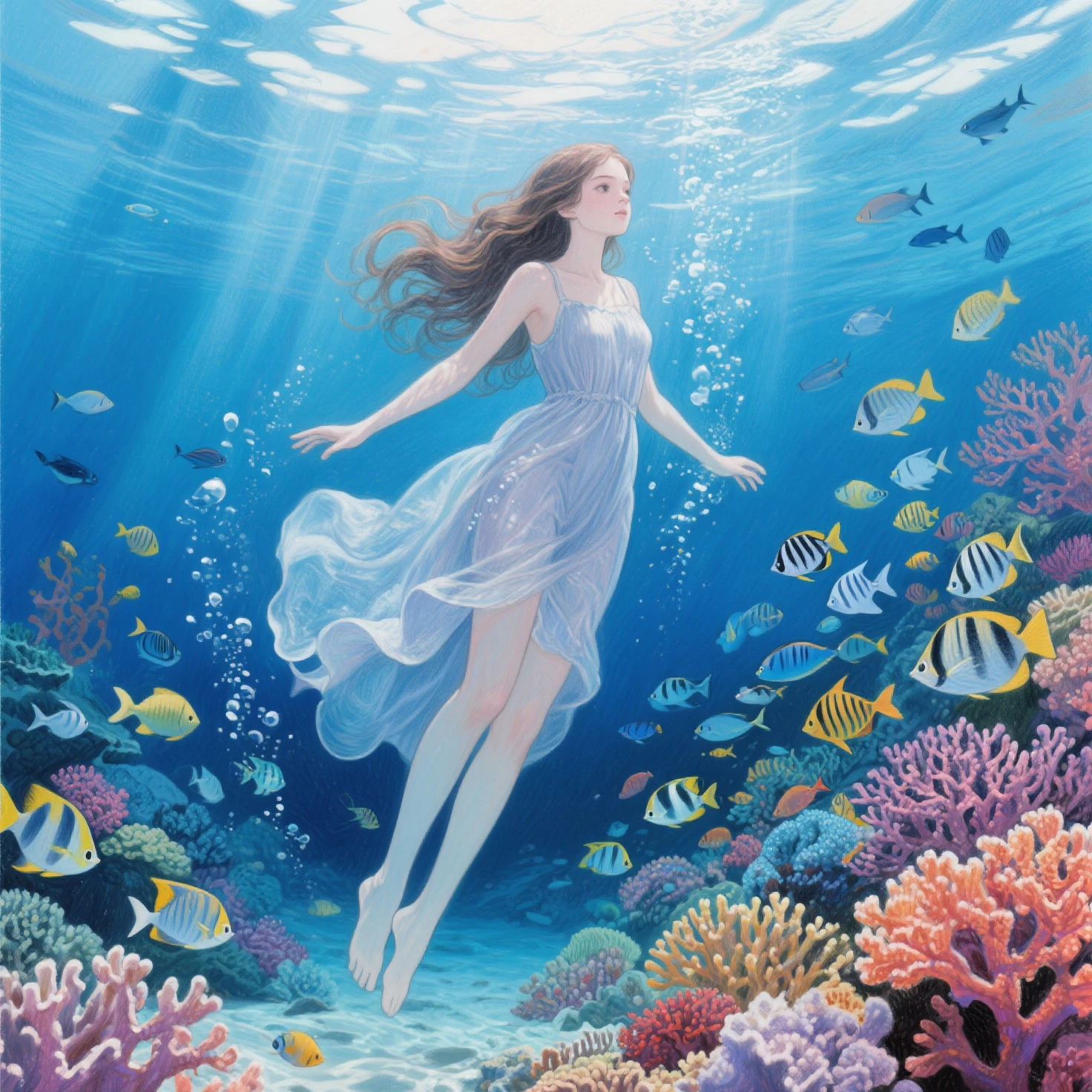 Diving, by Studio Ghibli and Alphonse Mucha, best quality, masterpiece, very aesthetic, perfect composition, intricate details, ultra-detailed