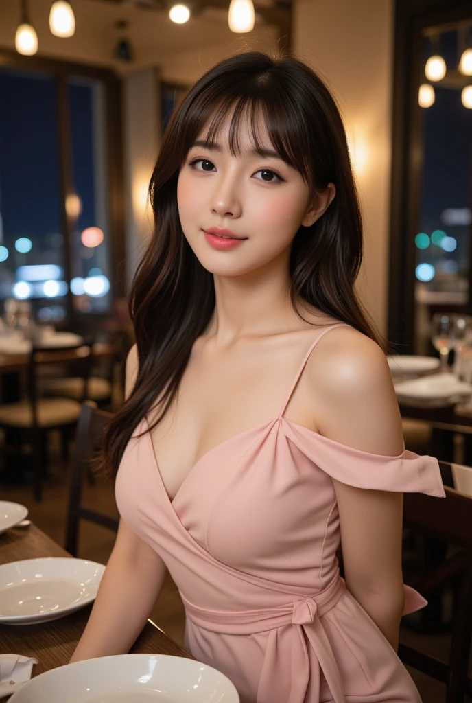 1 waitress、A smile、The food served in the restaurant、barechested、Wear only a silk apron、morningglow，canon 6d，real photograph，detail-rich（（cleavage））、Coiled hair