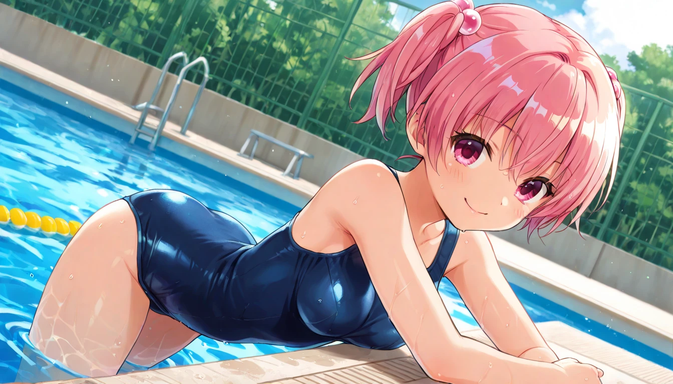 masutepiece、masterpiece、top-quality、ultra-detailliert、hight resolution、 hight resolution、8K Portrait、Unity 8k Wallpapers、extremely details CG、Unity 8k壁纸、Highly detailed CG Unity 8k wallpaper、realisticlying、realperson、 Portrait photos、shinny skin、(sixteen years old:1.5)、high-detail、Beautiful clear eyes、Ultra-fine depiction、delicated face、Lovely lips、big breasts thin waist、Thin leg、女の子1人、the pose、(((flat chest:1.2)))、(Navy School Swimsuit:1.4)、((school poolside:1.5))、Outstanding smile、Pupils、During pool classes、((all-fours))、Raise your buttocks high、sexypose