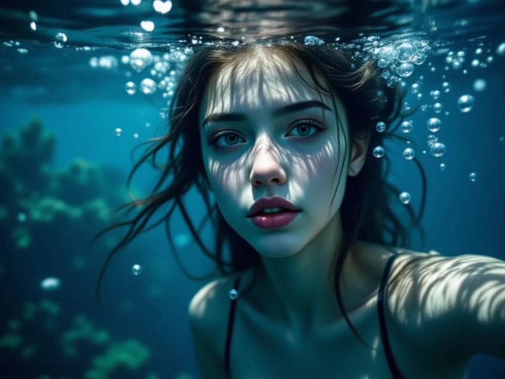 stunning realistic picture, masterpiece, high detail, small touches, positive and joyful tones, use natural color, chic (nude:1.7) девушка-25 лет belt в воде, angle (half a girl in the water:1.6) ((belt)), that part of the body that is visible in the water, the water is crystal clear and transparent, hair is wet, There are drops of water on the body, straightens hair with hands, nude вся, raw style art, characterized by bright and delicate colors, thick textured paint, intense black strokes, and affected parts ral-drptpl , half of my lens is shooting a girl underwater, the second part of the camera is above the water, divide the picture into two parts: underwater 50% and above water 50%
