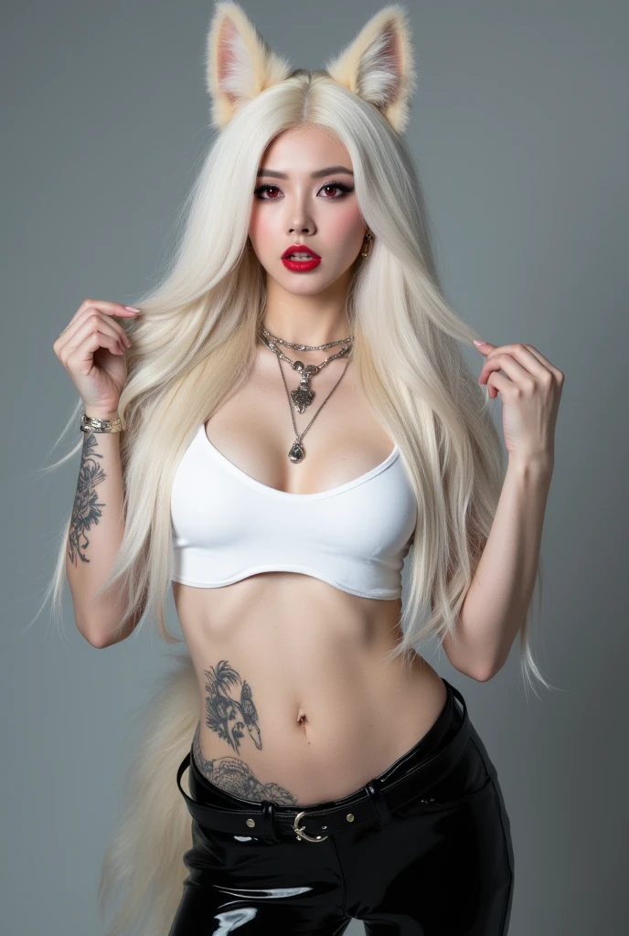 Figures, urban beautiful girl college students, masterpieces, light makeup, red lips, silver hair, messy long hair, street background, beautiful, elegant. Ultra-fine details, master works, real texture, cinematic lighting realism, perfect work, 8k, HD, exquisite facial features, white tight open-cut top, transparent white tight shorts, slim figure, bright big eyes, smooth skin, earrings, necklace, tattoos