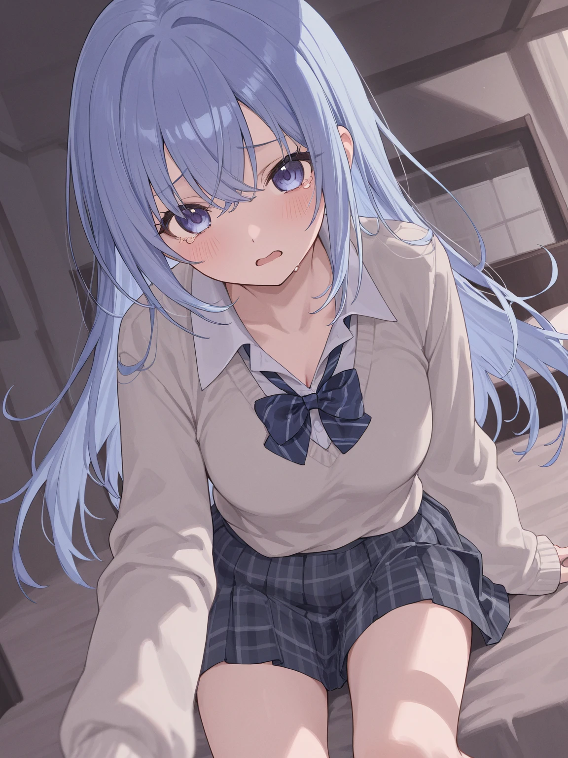 (Vestia zeta, vtuber, virtual youtuber, Alone, alone,sitting in the corner of the room, curled up, hugging her own legs, crying sadly, bowing his head