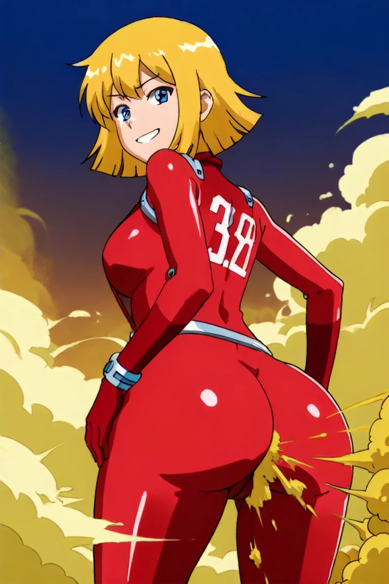 1girl,solo,(cowboy shot:1.2),slender body,standing,(blonde hair:1.6),(short hair),curl hair,(blue eyes:1.3),(beautiful fingers:1.4),(perfect anatomy:1.4),(arms_behind_back:1.6),BREAK,(red china clothes:1.6),(leather lace glossy silk lamé:1.4),(latex luster shiny glossy metallic:1.6),(shiny_clothes:1.6),(small breasts),beautiful breasts,masterpiece,best quality,(Ultra high definition eyes:1.2),8k,(Beautiful detailed eyes:1.2),(Fine and beautiful eyes:1.2),(pretty eyes:1.2),finely detail,extremely CG, absurdres,high resolution,illustration,Detailed and beautiful outlines,finely detail,high resolution,(colorful refraction:1.4,Increase saturation:1.2),beautiful lighting,dynamic lighting,closed room,black background,simple background, smile,looking at viewer,Nejire,My Hero Academia, superhero,(red thigh boots:1.4)