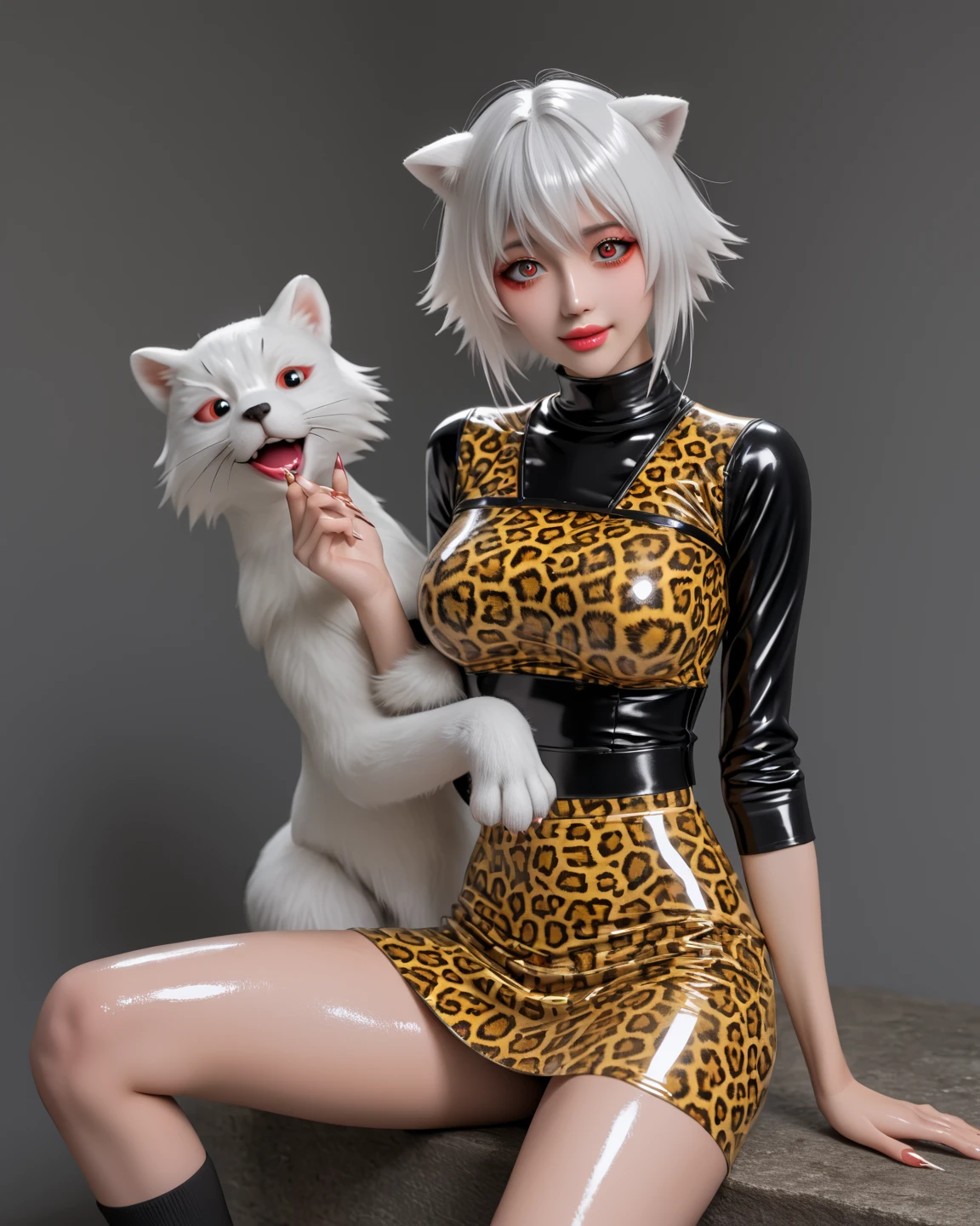 (8k, RAW photos, top quality, masterpiece: 1.2), (best quality: 1.2), (realistic, photorealistic: 1.37), (High Quality), (Ultra realistic), (High Details), (Face detail), (Shadow Detail), (big breast : 1.5), 1 girl, solo, red eyes, silver hair, short hair, cat ears, cat tails, canine tooth, (sharp eyes : 1.3), red Lips, Blush, (Extreamly Face Detailed), (Ultra Face Detailed), (fingers detailed), red and white shirt, black panties, (thin lips: 1.3), Linia dedoldia, angry