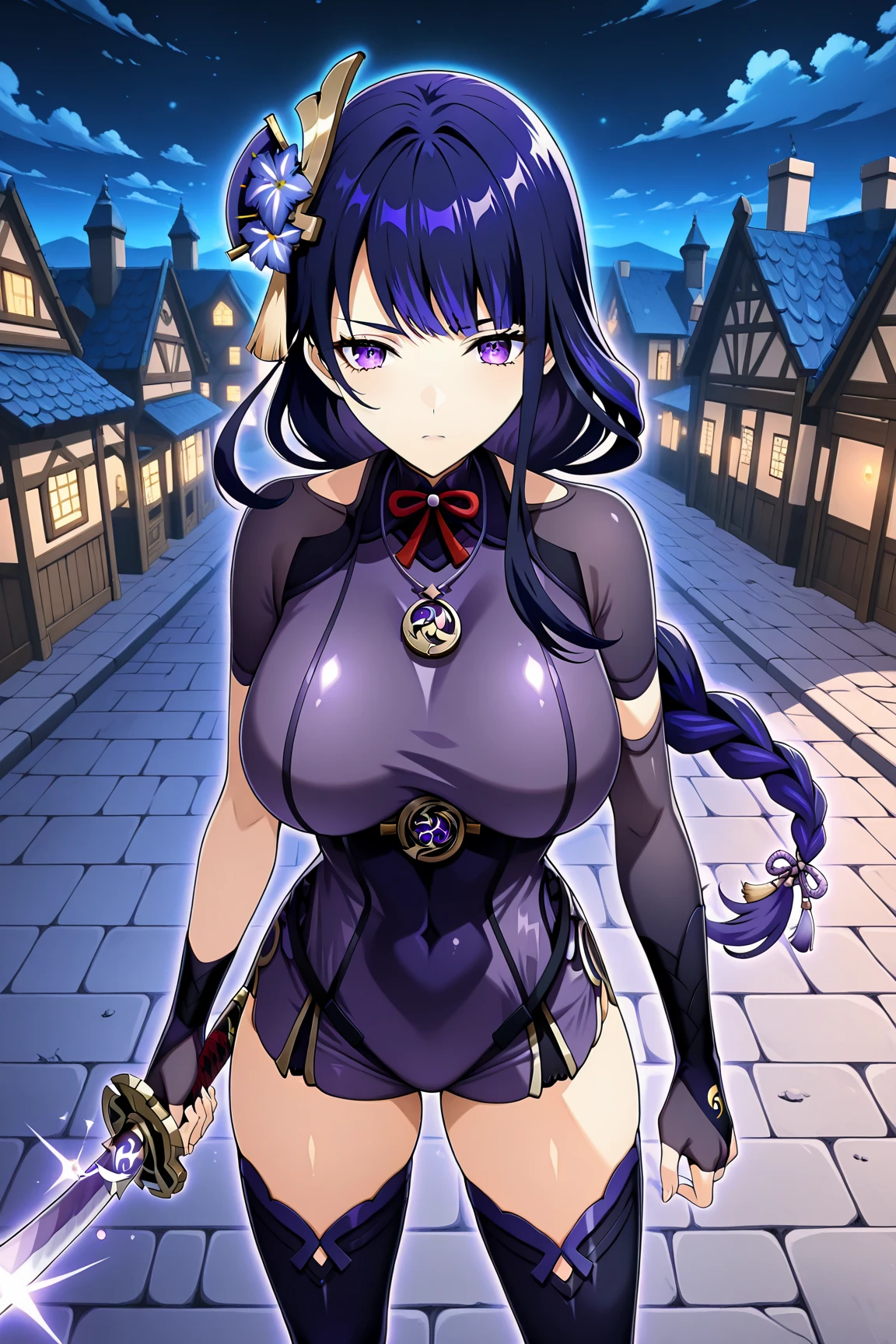 masterpiece,Big Breasts,beauty,Purple glasses,Black Hair,Side Ponytail,Bloody,Rabbit Mask,wielding an ax,Standing under a streetlight,night