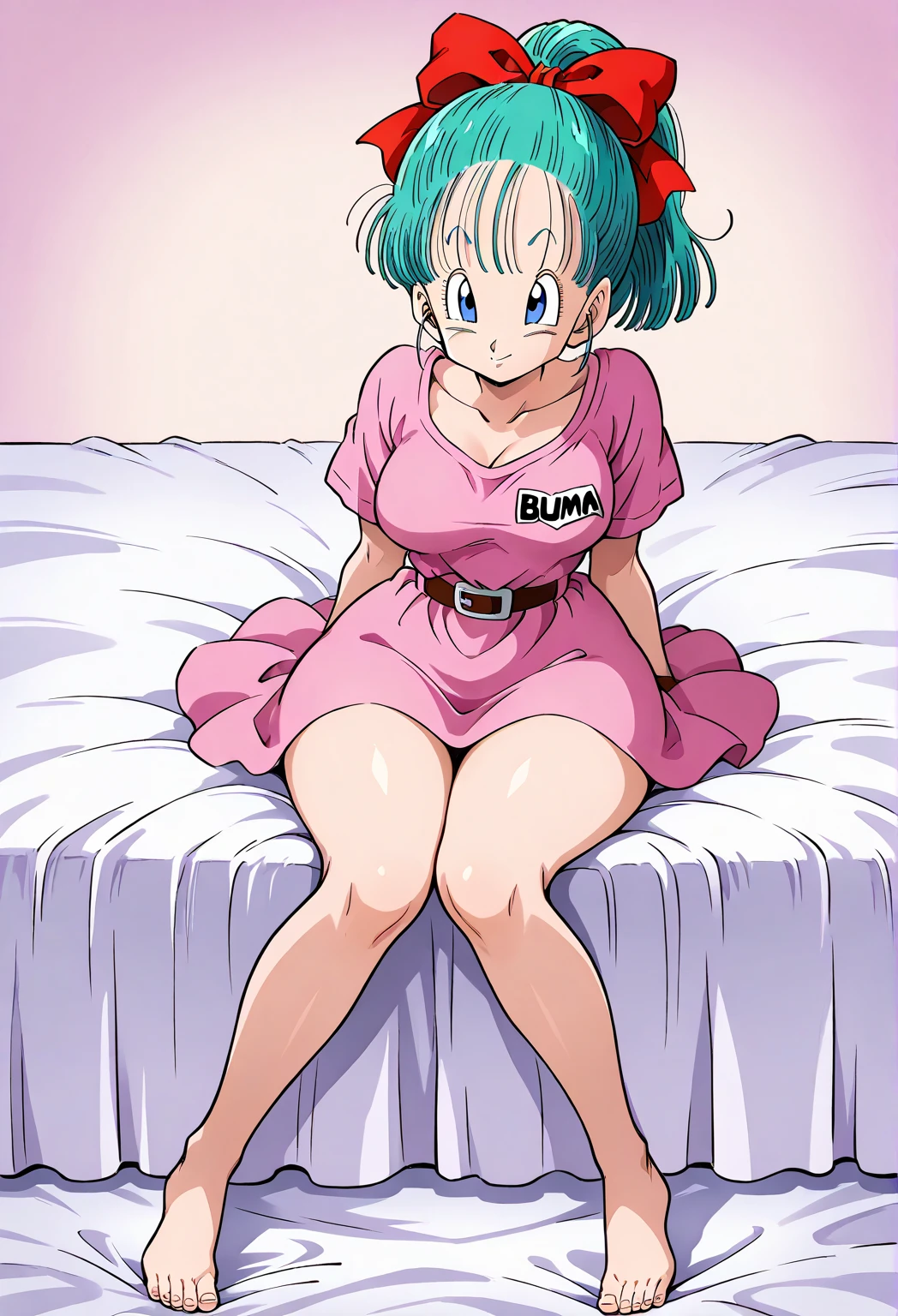 Bulma from Dragon Ball z, aquamarine hair, very short hair, earrings, Yellow pashmina, Red dress, she pulls down her dress (You can see her sexy purple bra), big breasts, a lot of hips, She lifts the skirt of her dress with one hand to show her sexy purple panties., annoyed, lying on a sofa, her skirt is below her knee, blushing, open legs, panty slides down one leg.