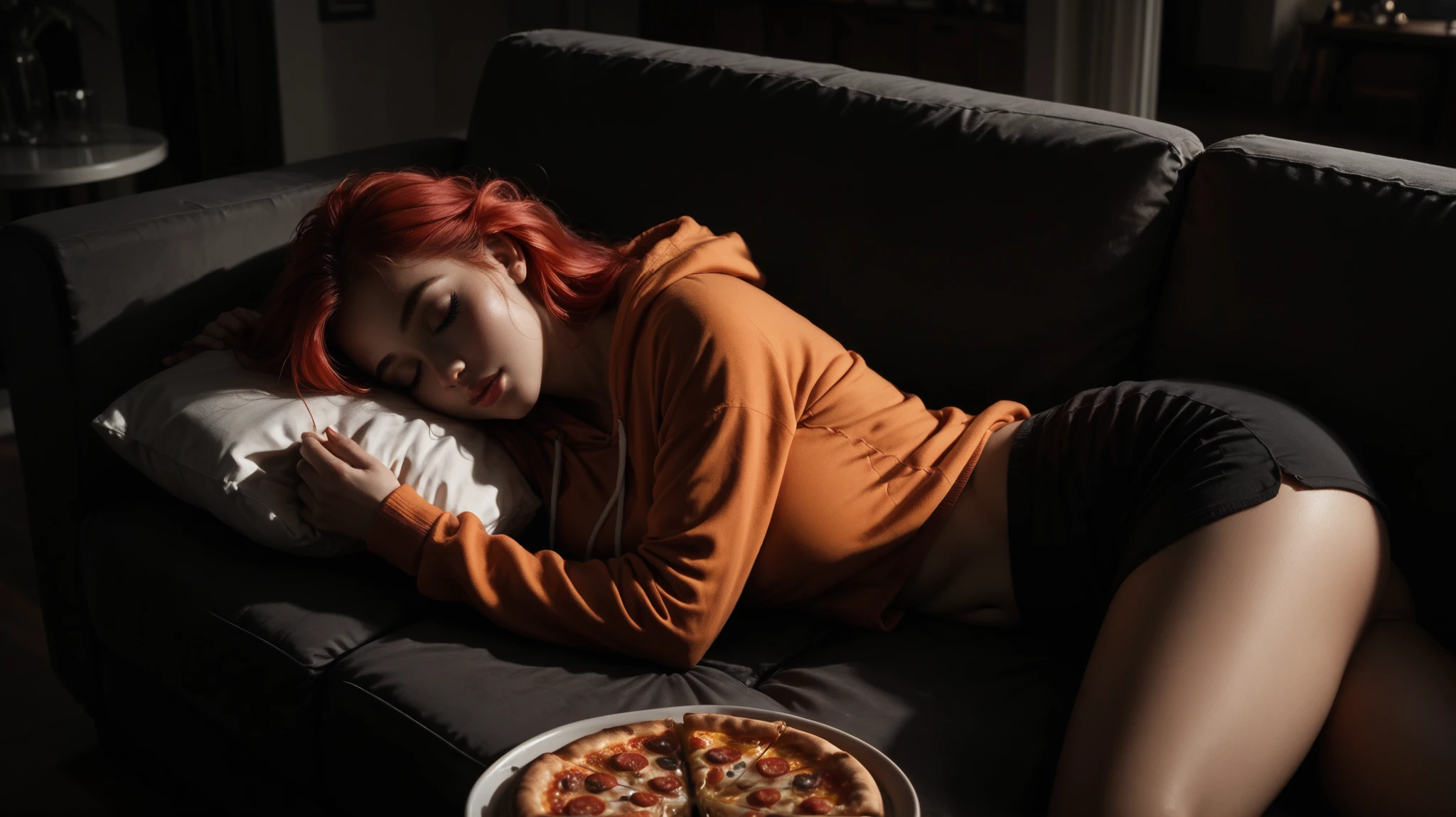 A relaxed Friday night in a cozy apartment. Beautiful girl lying on the couch, sleeps, the girl is wearing an orange hoodie, the girl has long red hair, The girl is covered with a blanket to her stomach, Night, on the table is a box with two slices of pizza, the TV works, clear drawing of details