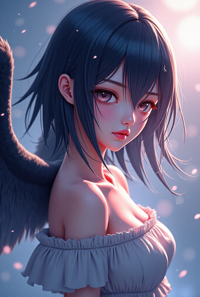 of the highest quality, High resolution, The perfect human structure, Background Focus, Front view, Glowing hair, Cat ears, Black hair, Angel, Angel wings, Bright, Gradient Eyes, swept bangs,
