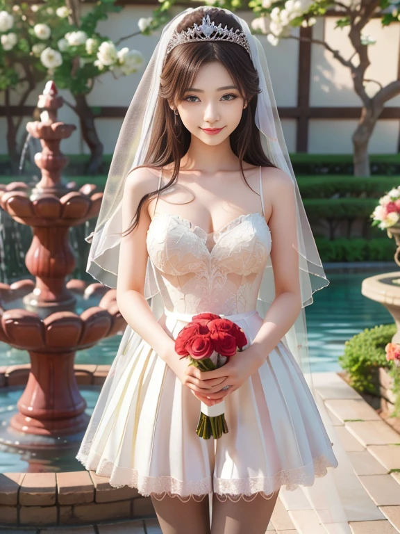 vista, panoramic, view, Depth of Field, Break, Upper Body, Movie Angle, masterpiece, best quality, Super detailed, CG, 8k wallpaper, Pretty Face, Delicateeyes, one girl, Solitary, Smile, Silver Hair, Golden Eyes, White skin, Hair, red scarf, White evening dress, Rose Field, Red flowers, Rose, Flower Field, petal, Flying petal, Smile