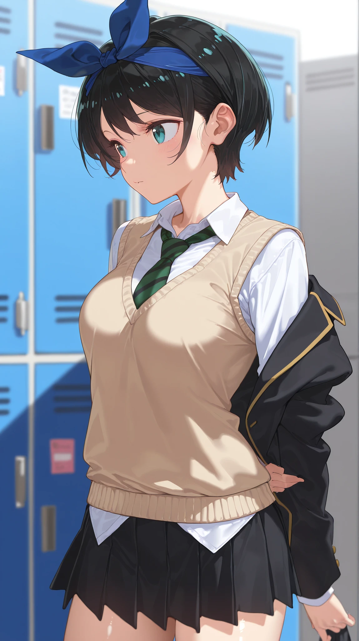 score_9, score_8_up, score_7_up, source_anime, BREAK by ikuchan kaoru, iku, clean color, flat color, 1girl, 1boy, ((shota)), solo, standing, indoors, blush, shy, embarrassed, brown hair, green eyes, school boy outfit, blue sweater, white shorts, bulge, looking at viewer, schoolboy uniform, sexy, hot, white thighhighs