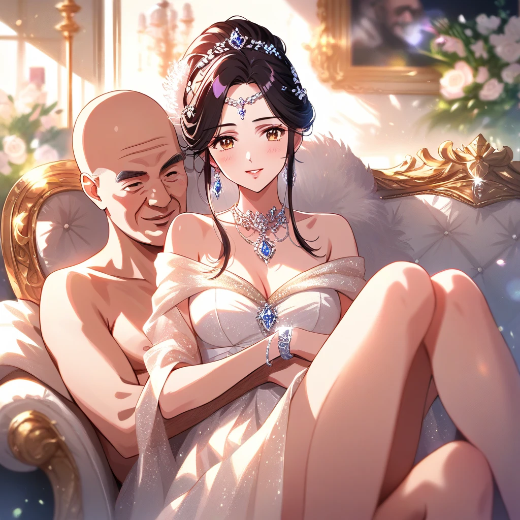 Hot sexy beautiful one  princess  with hugging ugly fat old man,   long sparkling chandelier earrings,big breasts, ,black hair ,blush,blue eyes,red lipstick, chandelier jewelry,makeup, ornament, chandelier necklace,waist chain, rings,bangles,hair flower brochure,hair pins,hair chain, royal palaces and grand architecture, Traditional Indian sari, elegant draping style, intricate floral motifs, handwoven silk material, embellished with sequins and beads, sparkling gemstones and gold accents, artistic rendering of Indian culture, traditional jewelry and accessories, indian traditional wedding saree, crown , 