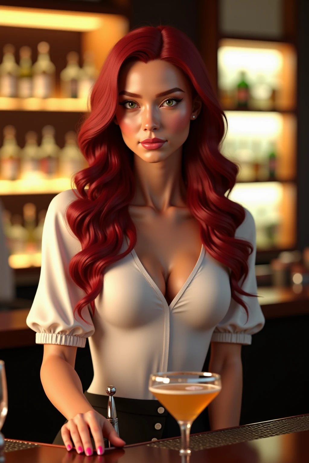 Bar, young woman, smoking, Pixiv, redhead, delicate, big breasted, hd