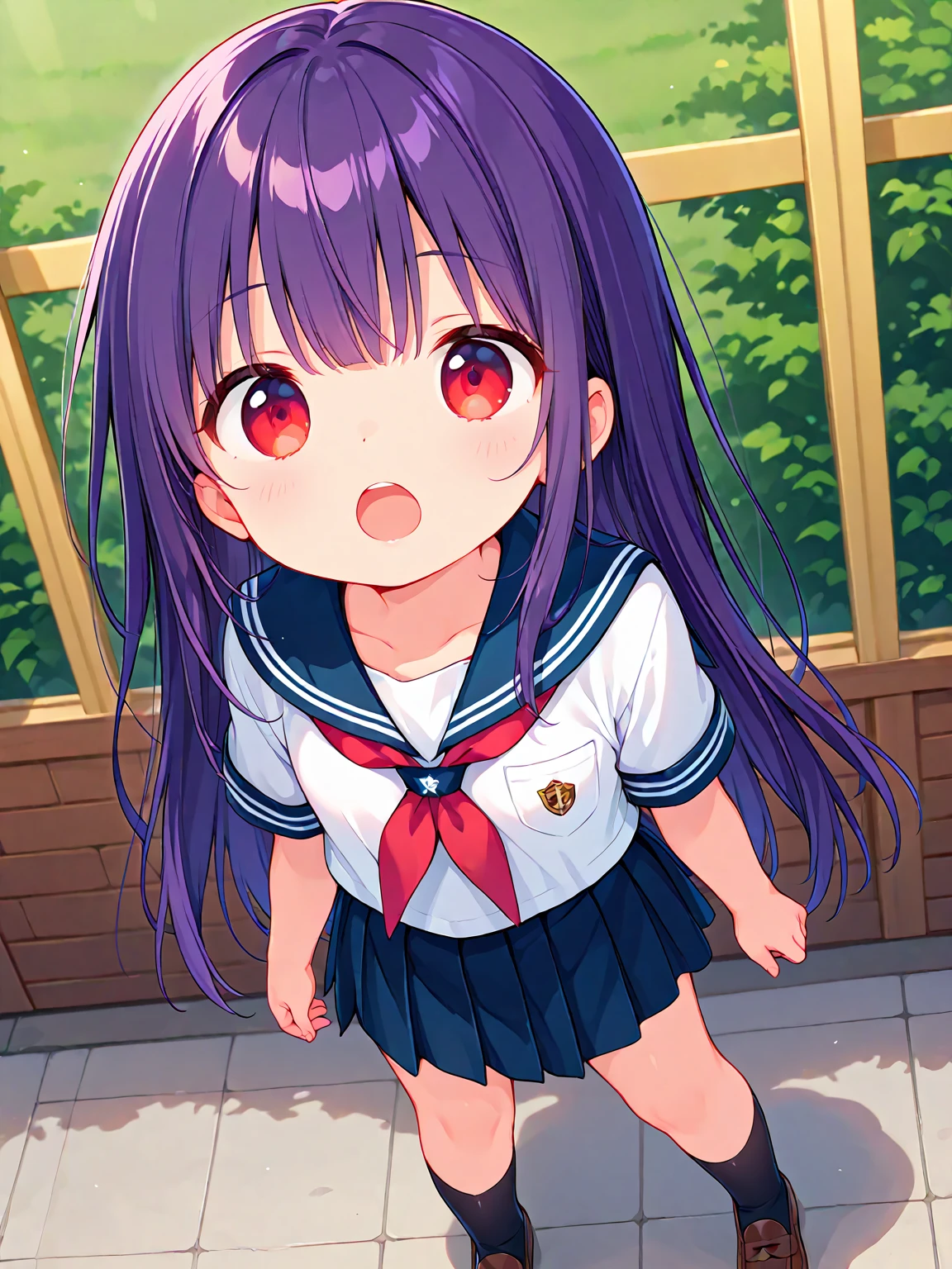 masterpiece,best quality,ultra detail, girl,petite,sailor uniform,school garden, <lora:yudedako_v200:0.7>open mouth,shy