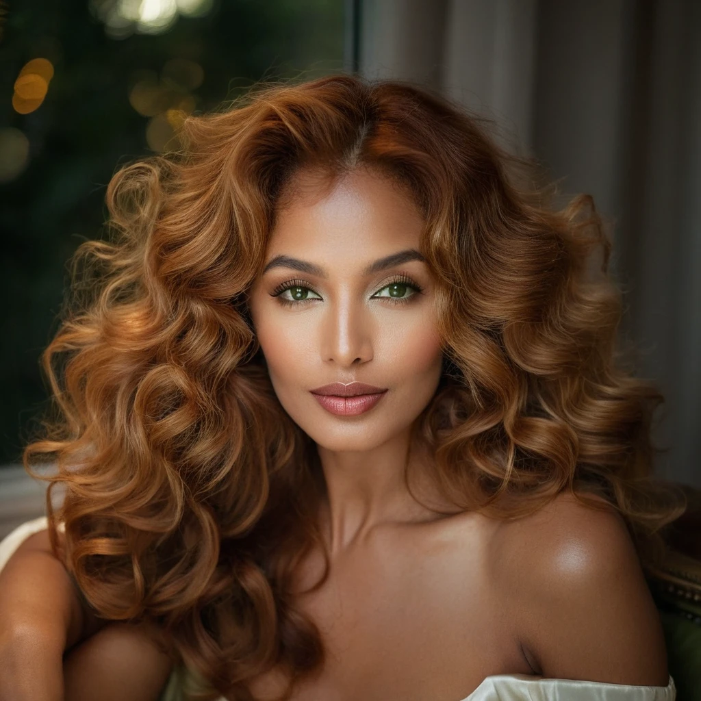 realistic photo, analogue myriam fares face, red curly hairs, attractive body, plus size body, flirtatious smile,