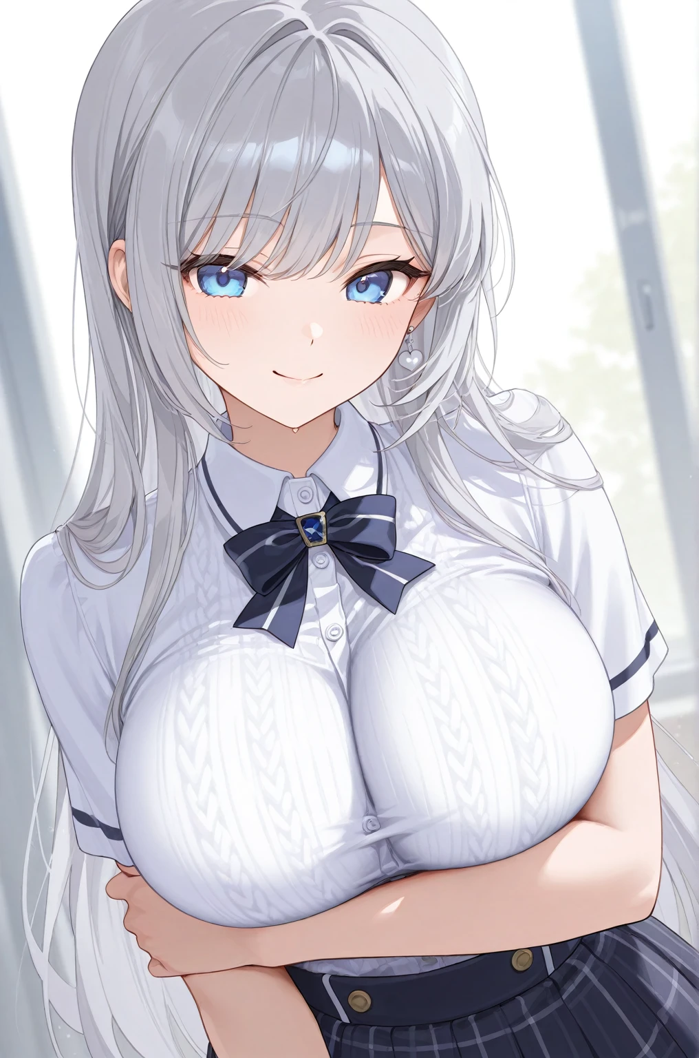 (1milf, solo), sitting, (sleeveless shirt, hotel doorman uniform, bow tie), French twist updo, embarrassing big smile, (masterpiece best quality), delicate illustration ultra-detailed, sagging huge breasts, (customer service counter), work desk, detailed lobby background, ((showing hairy armpit hair)), thick makeup, upper body only, pamphlet, in hotel lobby, sweating, hand behind head, tablet