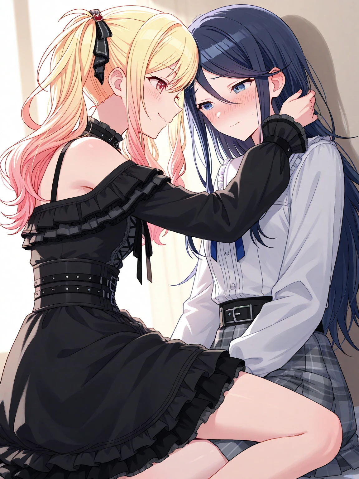 score_9, score_8_up, score_7_up, score_6_up, source_anime, highest quality, masterpiece, 1girl and 1boy, (1boy femnin, otokonoko, femboy, long hair), futa on male, futa is bigger, femdom, forced, uncensored, precum, Shiny latex, Black latex elbow gloves, first round, 犬のfirst roundのベルト穴, High Black Boots
