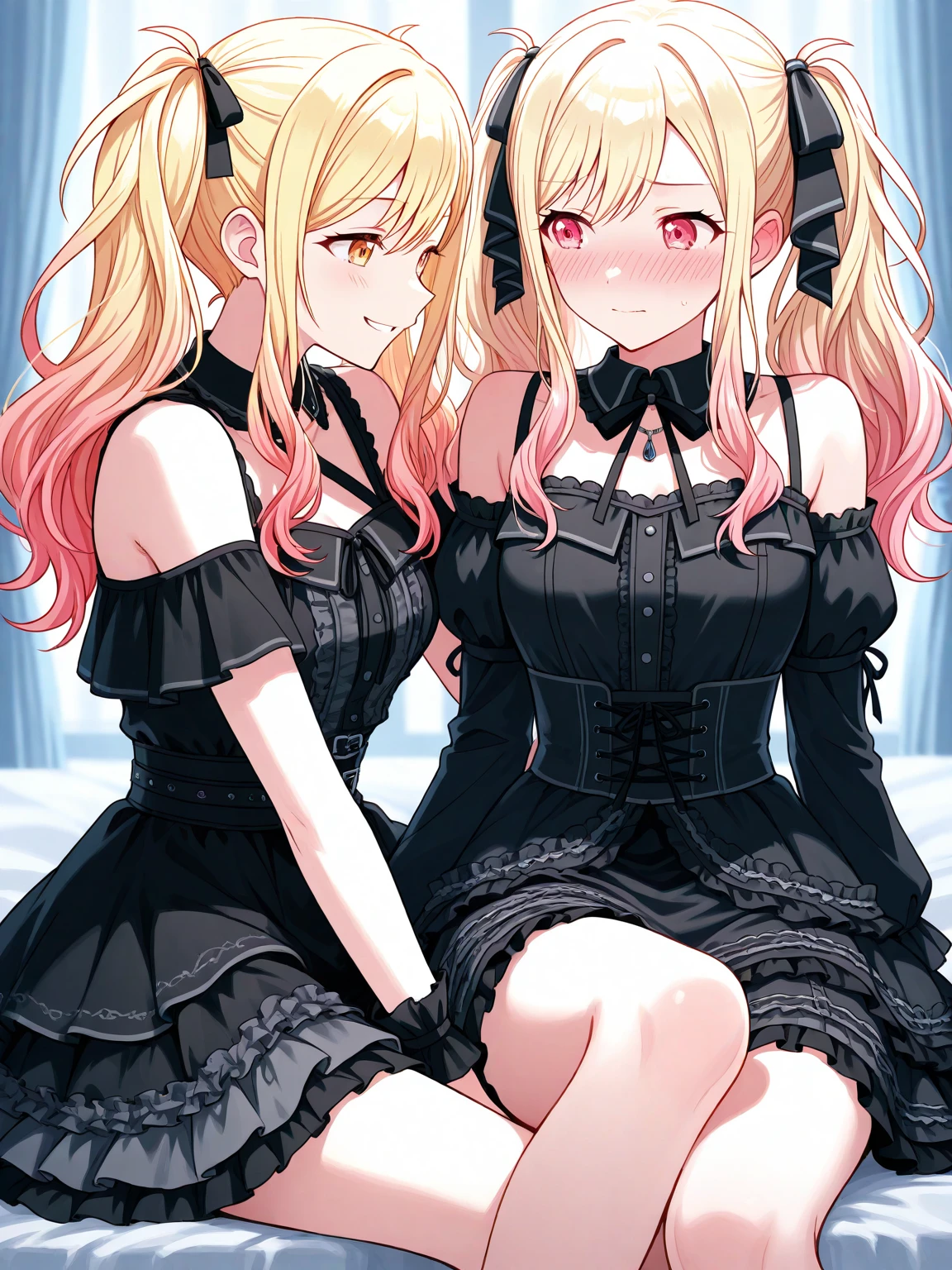 Blonde and red-eyed girl、Fluffy clothes、Surrounded by roses、a miniskirt、Black tights、off shoulders