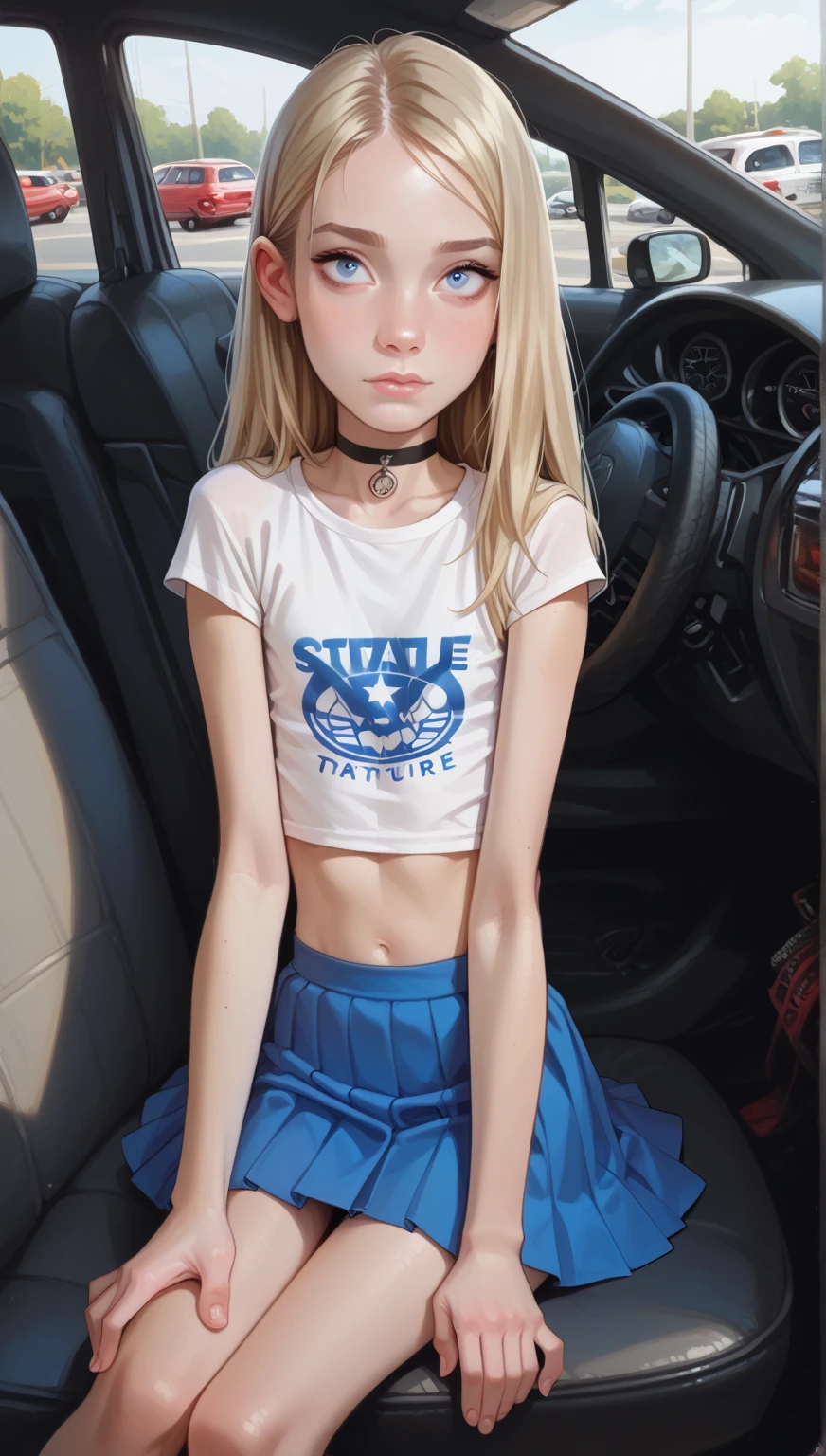 Bright Red in White, (Masterpiece 8K TopQuality:1.2) (ProfessionalPhoto:1.37) PUNIPUNI ExtremelyDetailed (((KAWAII girl in "Super Bitch" T-shirt:1.4))) (Lying on back from DirectlyAbove)
