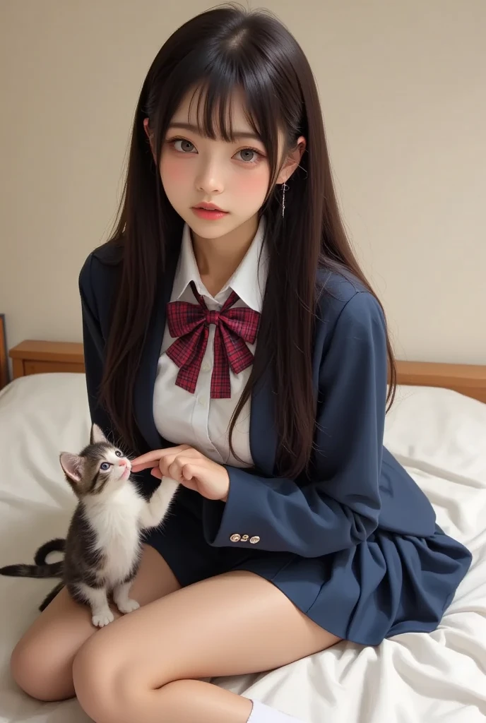 Cute Girls、high school girl、uniform、Ultra mini skirt、See-through、Fluttering in the wind、White cat ears、sit
