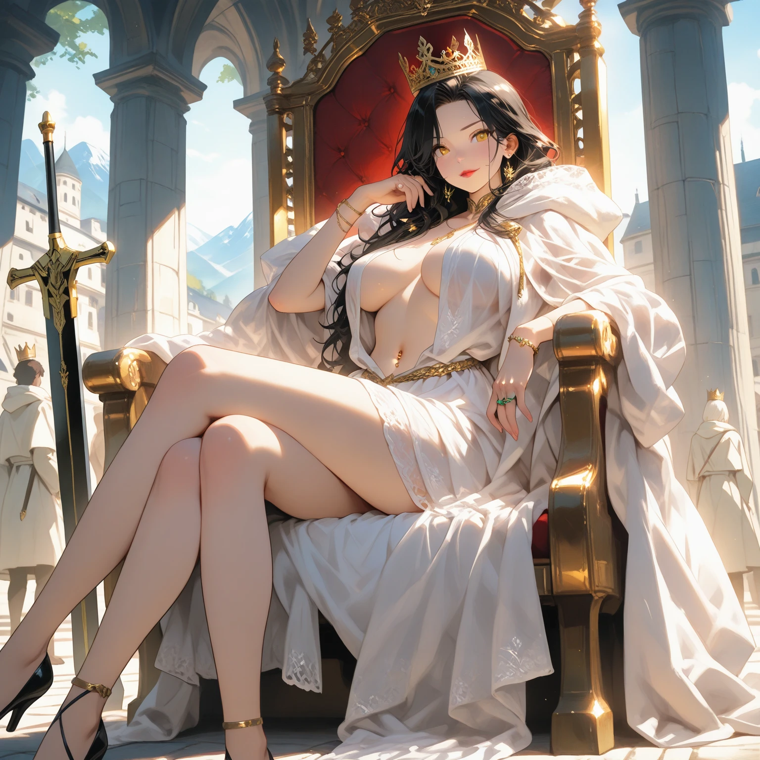 a girl, queen, crown, long black hair, curly hair, king's robe, lingerie, inside a castle, best quality, masterpiece.