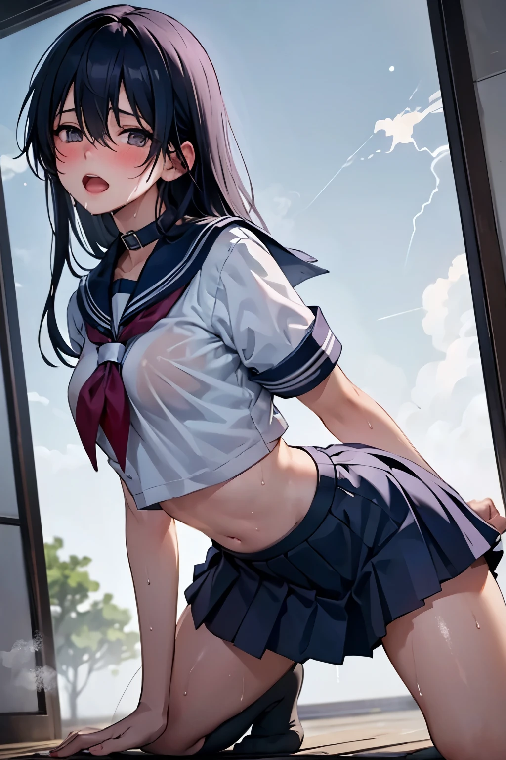 ((Nsfw)), ((BDSM)), (((masterpiece))), (3DCG), score_9, score_8_up, score_7_up, asou yuuko, school sailor, highest quality, high resolution, 8K, ultra-realism, super detailed and realistic skin texture, ultra-detailed, perfect anatomy, perfect lightning, realistic shadows, beautiful illustrations, Realistic skin, from below, (((cowboyshot))),
BREAK (((corneo_side_doggy))), side doggystyle,
BREAK (((doggystyle))), 1girl, 1boy, sex from behind,
BREAK 1 girl, 18 yo, ((asou yuuko)), Asian , Sailor uniform cosplay, Beauty, Height:158cm, body weight:42㎏, breasts:82cm, waist:58cm, hip:78cm, Elegant mature woman, (flat chest), (((Thin thighs))), narrow waist, (((perky breasts))), Long legs, ((small head)), Fine skin, real looking skin, Ultra-fine facial texture, Realistic beautiful face, realistic beautiful eyes, very detailed eyes, beautiful fingers, Beautiful detailed eyes,
BREAK Sailor uniform, High school girl, Uniform, sailor, (sailor suit, dark blue collar:1.4), (red ribbon), white shirts, short, sleeve, dark blue skirt, ((knee length skirt)), ((pleated skirt)), (high socks:1.4),
BREAK ((beautiful dark blue hair)), (((Long hair))), ((straight hair)), (silky hair), ((asymmetrical bangs)), ((hair between eyes)), ((46 points oblique bangs)), ((beautiful dark navy eyes)), natural makeup, BREAK wet skirt, see-through, wet, wet hair, (black bra visible through wet clothes), (((bouncing breasts))),
BREAK all fours, ((arched back)), squirming body, ((turning face away)), BREAK ((blush)), open mouth, ((narrow eyes)), ((sweating face, skin)), ((steam)), (breath), (glossy skin), ((wet skin)), ((droplets of sweat)),