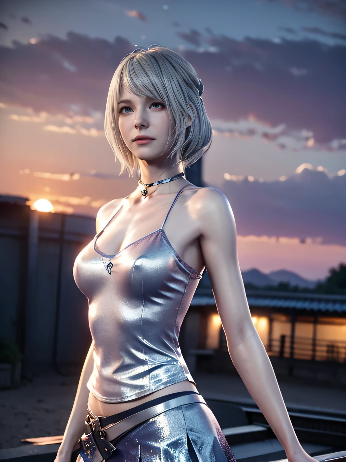 يميnsfw,HD images、high definition、One woman、((Deserted Station at Dusk))、Very beautiful sunset scene、((Bluish Silver Hair))、Calm Look、Downward Expression、muscular body、(small breasts)、((Bluish Silver Hair))、her hair is fluttering in the wind、((Rural Station))、Brilliant Clear Camisole、white short tight skirt、silver pendant、(( women stand shyly ))、blue-purple sky 、sunset、Strong backlighting、light up