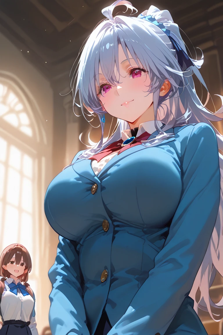 highest quality、beautiful girl、NSFW,cowboy shot、solo、1 girl,ciel Alencorn,silver hair,big breasts,mini skirt,cameltoe,(Drunk with joy),spread your legs,orgasm,ahegao,blush,white panty,