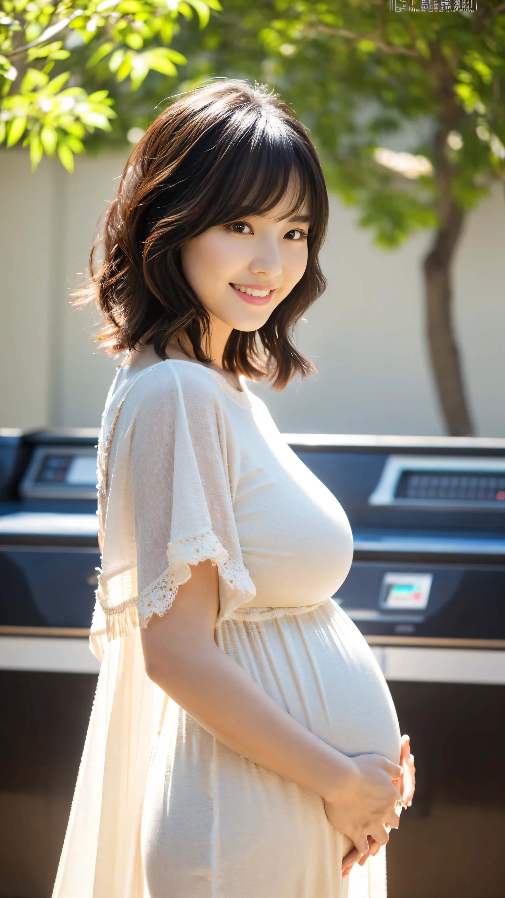 8K、超A high resolution、Best Quality、masuter piece、Photorealsitic、The ultra -The high-definition、(huge tit、Pretty big breasts、Must have a very toned body:1.18)((Always wear a white T-shirt dress)、Always show your side、Always do squats、Always panty shots:1.28)(Brown hair short bob、A Japanese Lady、Super cute、Cute smile、Drama filming location:1.15)