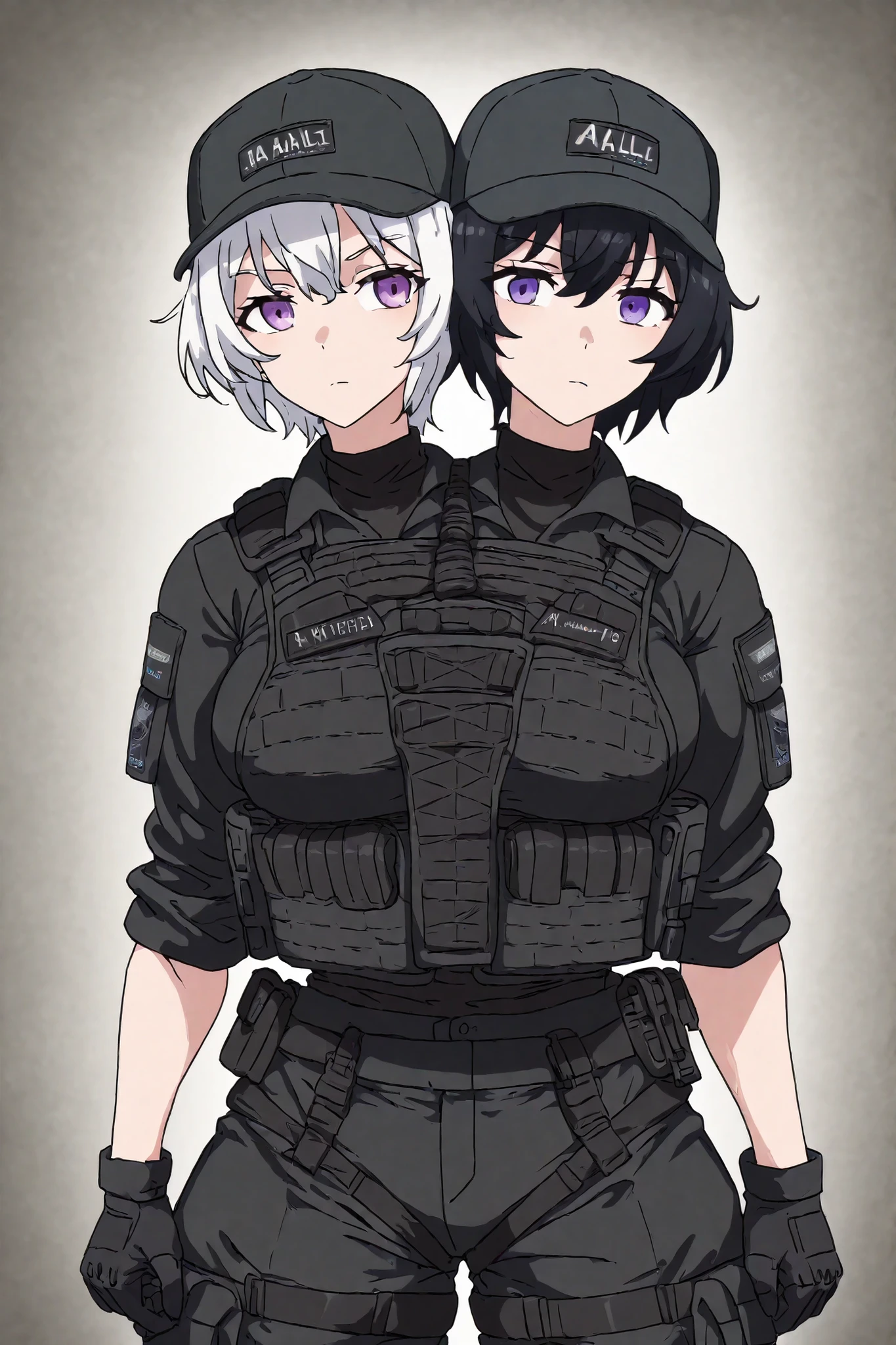 conjoined, 2girls, 2heads, two heads, a tall thin girls with 2 heads, white hair, black hair, short hair, purple eyes, large breasts, black combat shirt, black shirt, black pants, bulletproof vest, loose black gaiters, black gloves, tactical gear, baseball cap, upper body