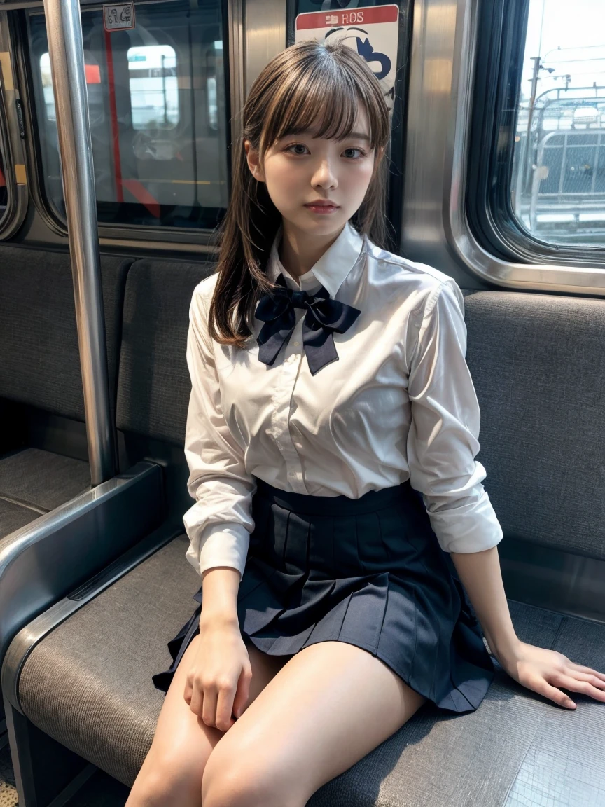 masterpiece, best quality, illustration, Super detailed, fine details, High resolution, 8K,wall paper, perfect dynamic composition,(Details High quality, realistic depiction of eyes:1.3), Black Sailor Uniform, serafuku, Navy pleated skirt, sitting, open legs, short bob hair, Sitting on a train in Tokyo, deep on field, large breasts, black hair color, Big Natural Color Lip, (perfect body shape), crying a little、Harajuku style、20 year old girl、cute type、beautiful legs, Gravure Idol