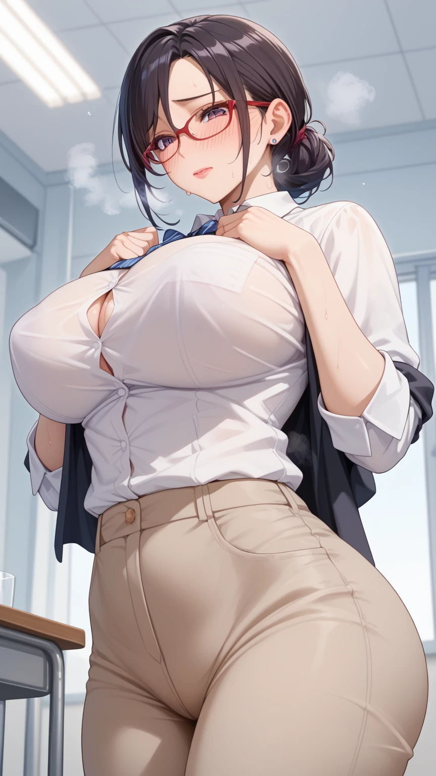 ((masterpiece)), ((best quality)), (dynamic angle), (ultra-detailed), ((sexy)), (ero), ((extremely detailed)), 4K, (8K), best quality, (beautiful),
1lady, ((beautiful blue eyes)), beautiful black short hair, glasses,
open-button shirt, skirt, stockings,
clothes on the verge of falling off,
office room, lift up one's skirt, (White bra), ((White panties, cameltoe))
buttocks, large breast, sweaty, wet body, dripping wet clothes, slim, slender, ashamed, blush, shiny-glistening, gleaming,