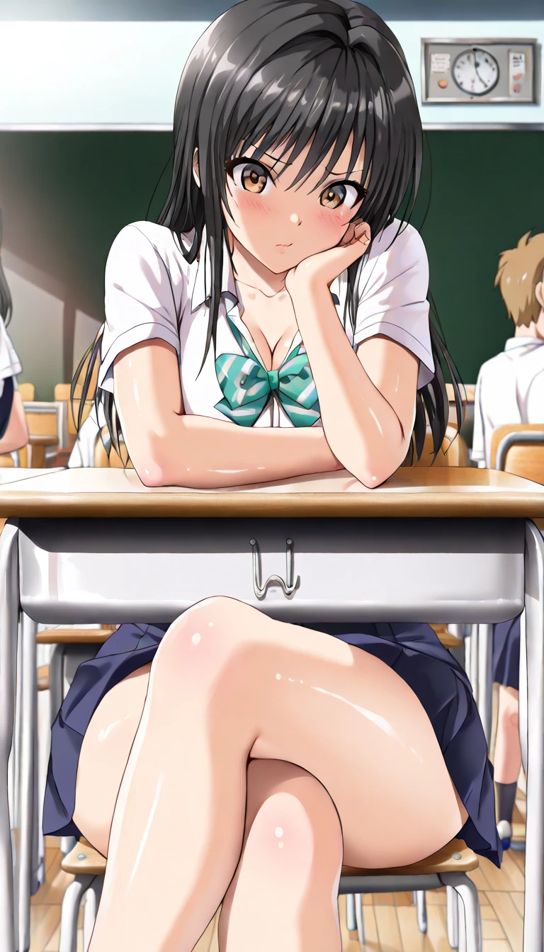 A middle-aged man forces a naked, crying, black-haired girl to have sex with him from the front while standing.、classroom