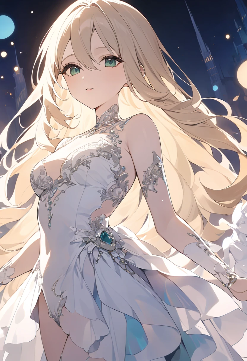 High resolution RAW color art, animation,Sculpture, Silver Marble Skin, (((Highly detailed elegant))), Magical atmosphere, Detailed skin, texture,(Exquisitely crafted, The finer details, Ultra-detailed art), Depth of written boundary, Bokeh, Silky Touch, Hyper Detail,,euphilia, One Girl,Anime girl with long blonde hair and dark turquoise eyes in a white dress, Green Eyes,Beautiful Eyes, Elegant face, Magic City, sunrise, Upper Body, (Big Hips, View from below), Under the chest