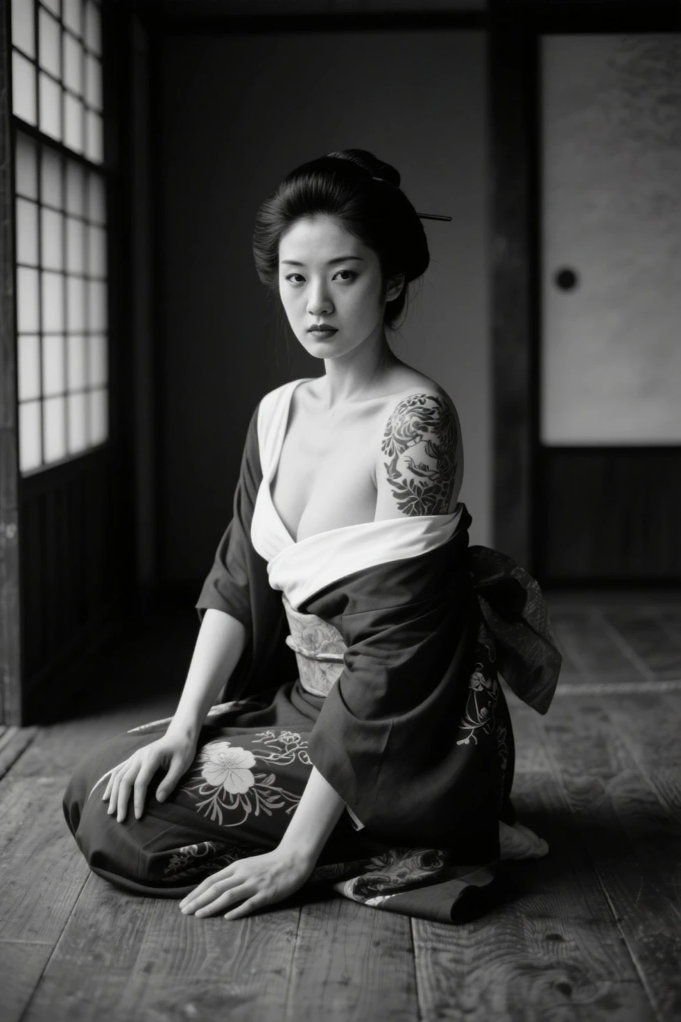 "Create a highly detailed of a young woman with short, long black hair, (sitting cross-legged) in a traditional Japanese wooden room, (tattoos on chest and legs:1.3), (legs folded: 1.3), showcasing a mix of traditional and modern designs. She is wearing a black dress with a deep neckline, partially revealing her tattoos. Her expression is calm and focused, with a slight blush on her cheeks. The wooden interior, with soft natural light filtering through shoji screens, adds to the serene and contemplative atmosphere."