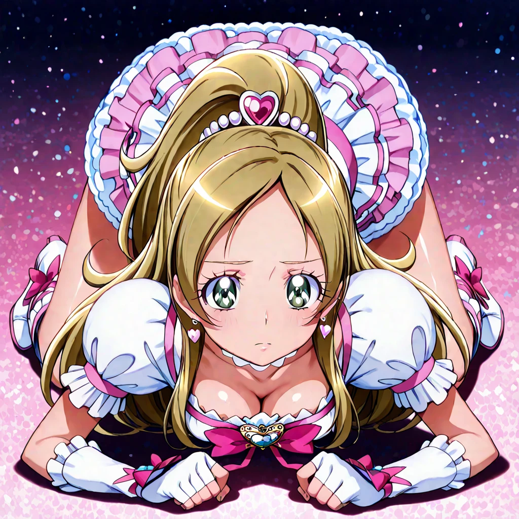 , アニメ, Petite little small junior body, Small breasts, Small breasts, Small breasts, topless, topless, topless, Nipples are visible, Nipples are visible, Nipples are visible, Large nipples, Pinching your own nipples, Stimulate the breasts, Breast milk, cure muse \(yellow\), orange hair, blonde hair, brown hair, very long hair, pink eyes, purple eyes, red eyes, eyebrows visible through hair, eyelashes, yellow dress, capelet, long sleeves, wrist cuffs, yellow choker, yellow neckwear, brooch, hair ribbon, hair bow, yellow ribbon, yellow bow, circlet, tiara, heart hair ornament, earrings, Petite little small junior body, Embarrassed, Small breasts, Small breasts, Small breasts, topless, topless, topless, Nipples are visible, Nipples are visible, Nipples are visible, Large nipples, Pinching your own nipples, Stimulate the breasts, Breast milk, Pinch and stretch the breasts, Pinch and stretch the breasts, Pinch and stretch the breasts, little small junior body, tiny, high quality, high detail, beautiful, 8K, Overall detailed, closeupface, A composition looking up from below the crotch, Close-up, Look Down, Look Down, Look Down,