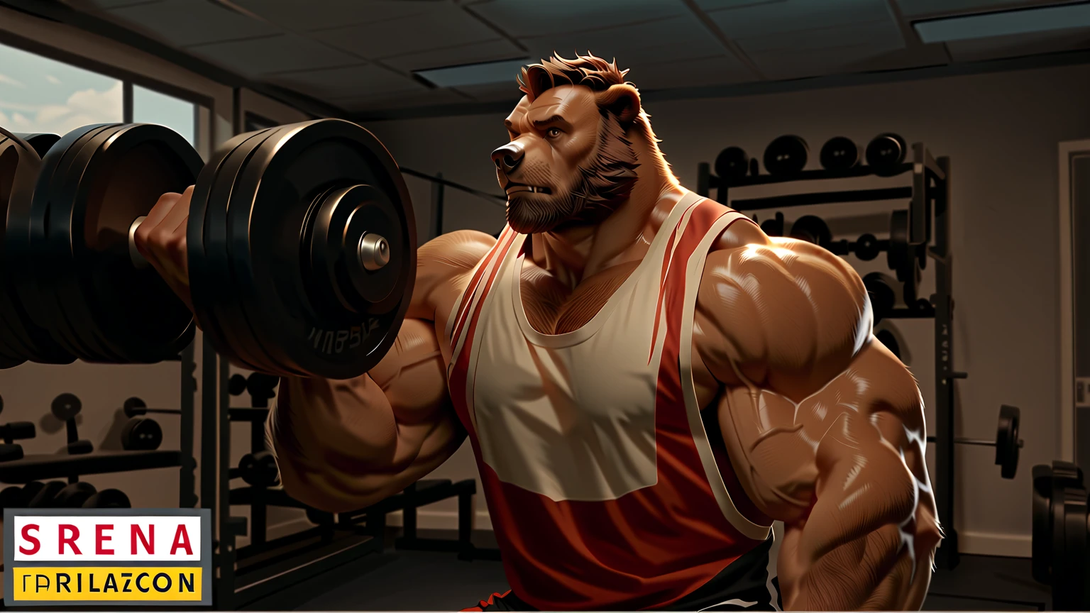 solo, kemono, Grizzly Bear, anthro, muscular, male, brown fur, furry, black shorts, shirtless and topless, black wristbands, gym, cable crossover machine, cable uppercut fly, pulling the flyes, gym equipments, workout, 2D Disney art, perfect lighting, (light particles), (best quality), (masterpiece), (ultra detailed), sharp focus, light particles