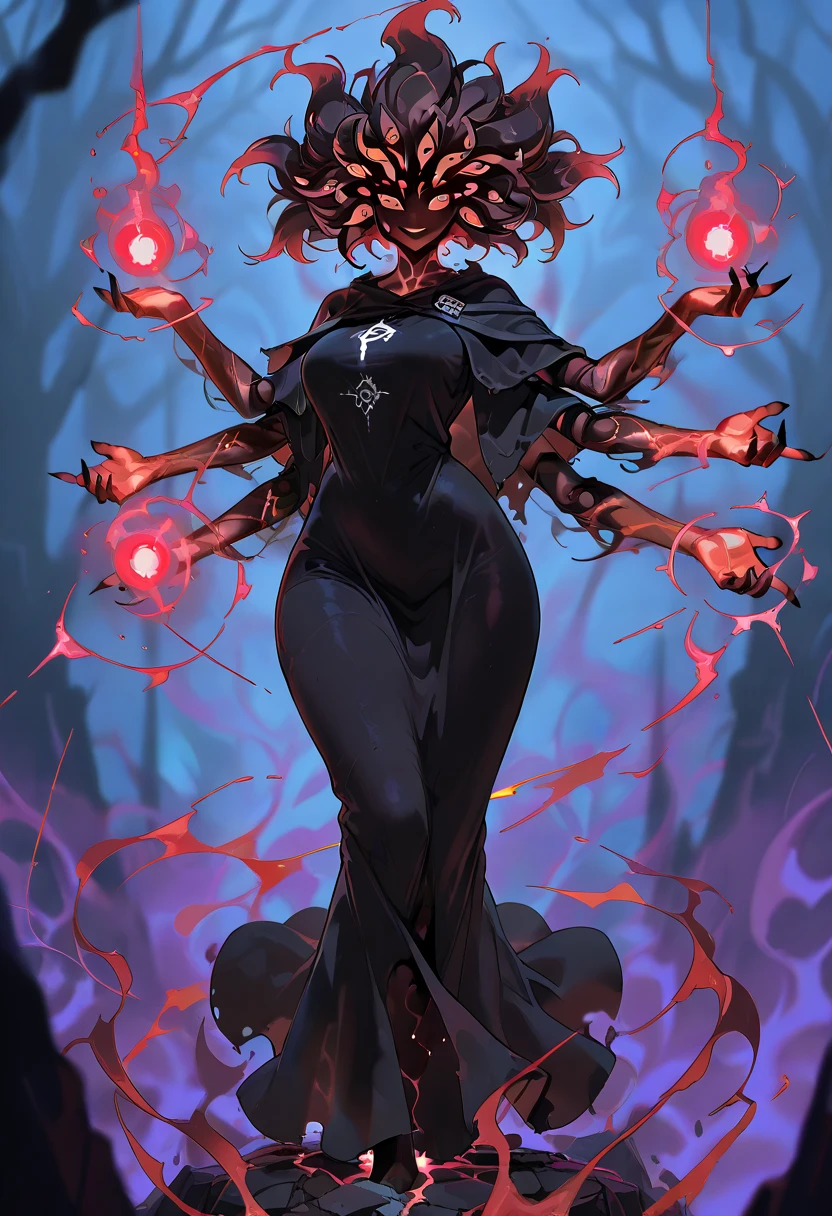masterpiece, best quality, very aesthetic, absurdres, high resolution, ultra-detailed, newest, scenery, {Prompt}, BREAK, detailed background, detailed hair, depth of field, female, solo, voluptuous figure, ample hips, dark mage, black robes, organic staff, floating pose, monster girl, eldritch body, abyss background, huge height, multiple eyes, organic clothes, red eyes, six arms, dark aura, casting magic, wide smile,