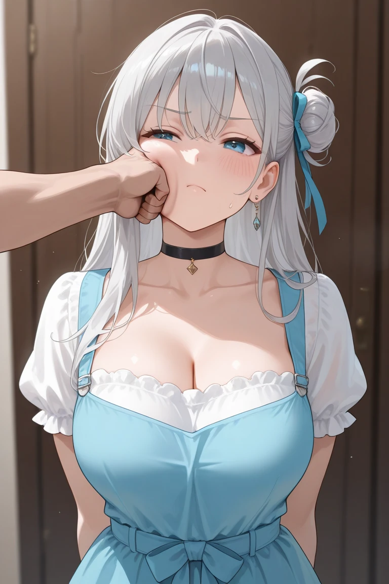 2B, best quality: 1.1, 1 GIRL alone, (SKY blue eyes), detailed SKY blue eyes, well-aligned eyes, extremely detailed face, blushing cheeks, perfect face symmetry, smiling, embarrassed, (2B clothes), BREAK intricate details on hands, intricate details con fingers, ((very huge) breasts), (silrver hair), detailed hair, short hair, defined figure, thick muscular legs, small defined waist, very much voluptuous body, very much muscular body, dynamic erotica pose, Interacting, ((gray background with shadows): 1.1), fellatio Young dick, blowjob, sucking penis, deepthroat