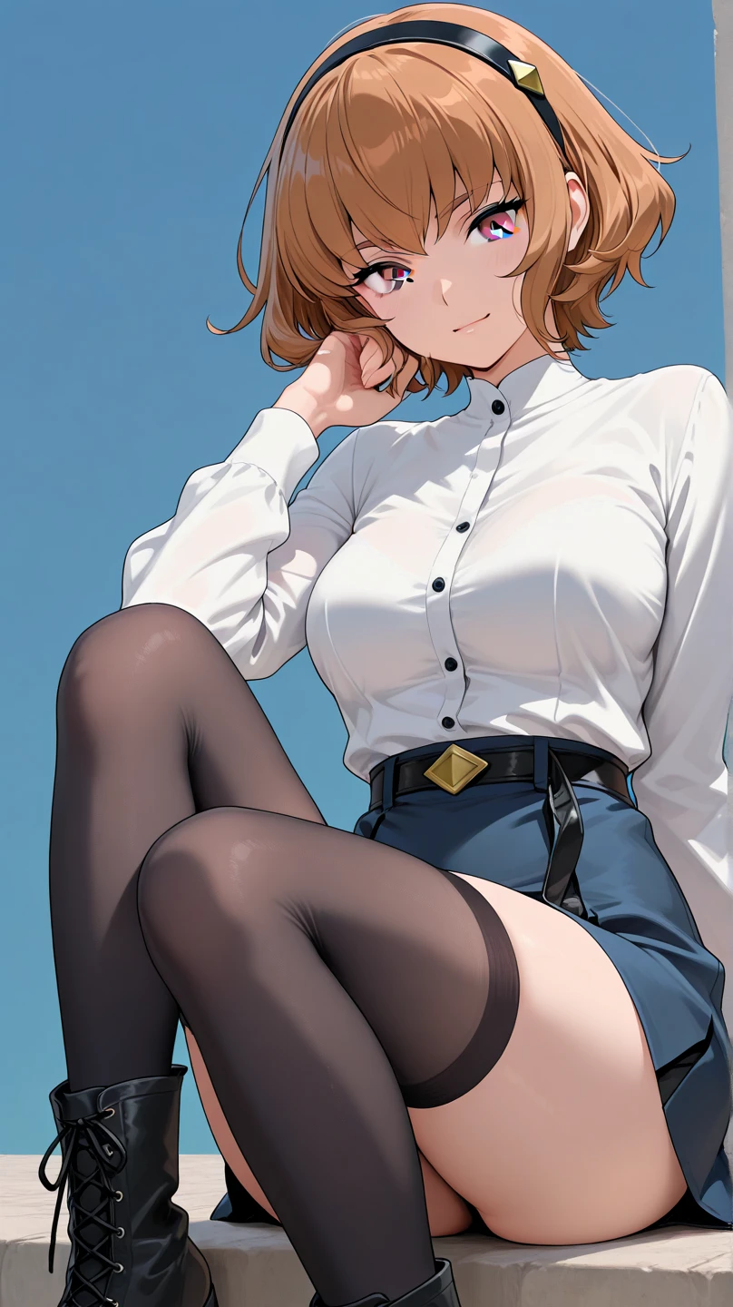 drooping eyes, realistic skin, swollen areolas, wind, Masturbation with hit her crotch on the bollard, various-pattern shirt and and jacket and panties, short hair, pantyhose, pubic-hair, angle from below,