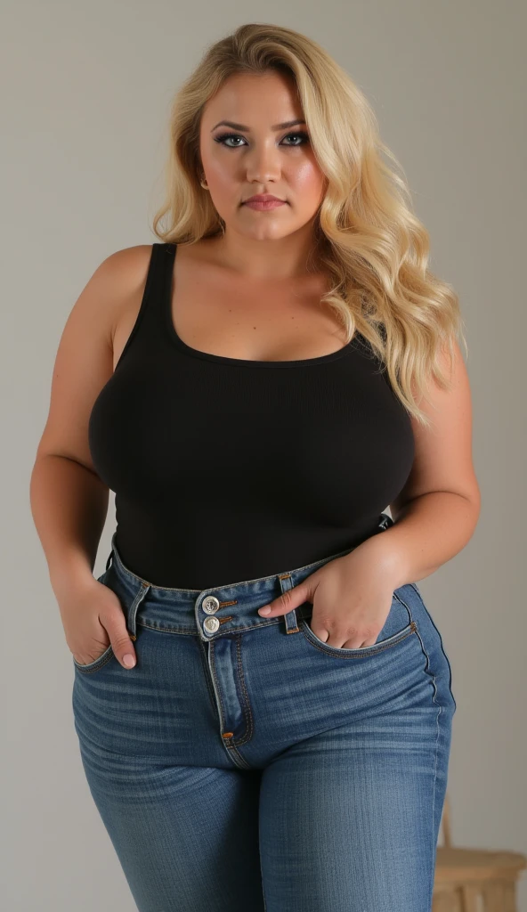 Tall jeans overweight blonde beatiful woman 
