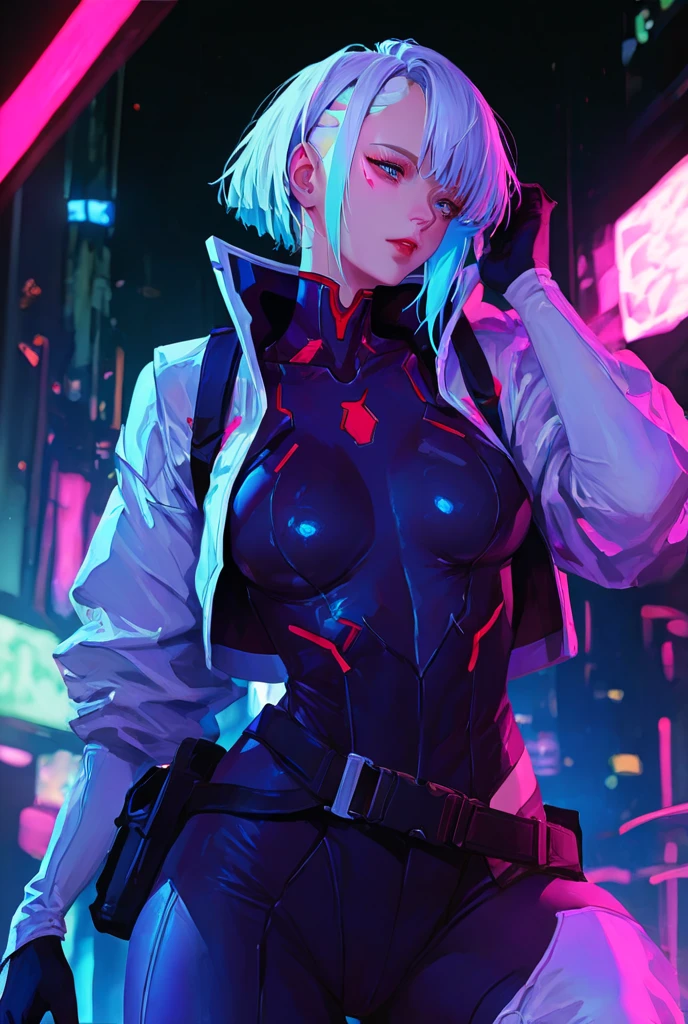 Woman 30 years (Lea Seydoux pov), short white hair, bangs, tight sexy cyberpunk clothing, sexy black Low-cut clothes with leds, unbuttoned futuristic cyberpunk white jacket, no buttons, no bra, no bra, beautiful face, medium breasts, wet and soft, face close, fiery and lascivious wanting more, front view, nice thighs, glowing blue eyes, emissive eyes, purple lipstick, backlight, neon, Cyberpunk nighttime scenarium