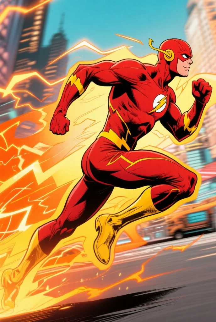 Imagine Golden Flash in various scenes of heroism—saving a crashing airplane, extinguishing wildfires, and stopping criminals in their tracks—all depicted in a rapid sequence, showcasing his extraordinary speed and agility.