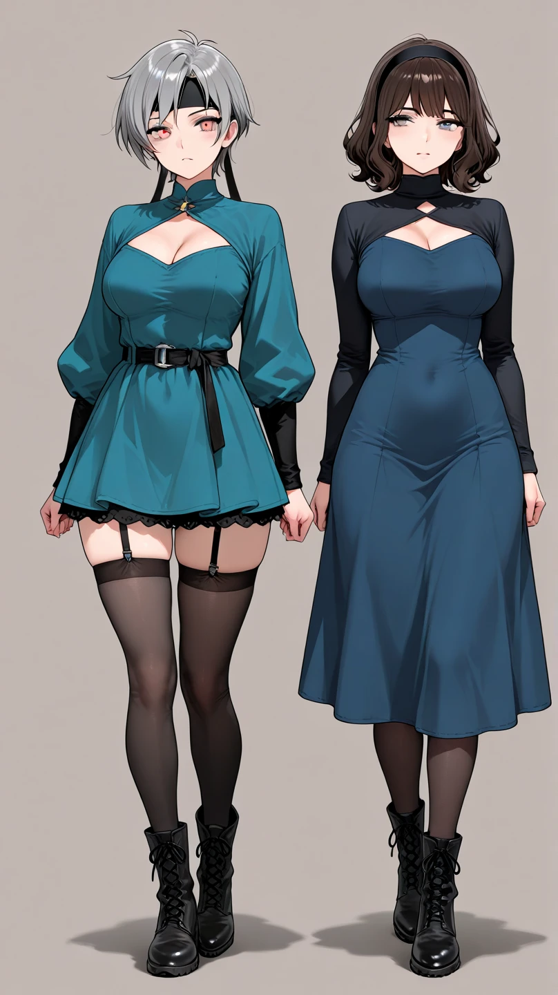 ((masterpiece, Highest quality)), Detailed face, Character design sheet，Full Body Lesbian, Perfect Proportions，Full of details, Various poses and expressions, Very detailed, depth, Many parts，Beautiful teenage girl，suit，Lace pantyhose，Pale pink eyeagnificent and elaborate character art，Natural light
