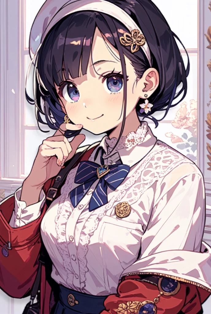 (Best Quality), (masutepiece)、A 14-year-old girl is Russian with big blue eyes、Wavy bob hairstyle with brown hair、The figure is very slim、Blanc Women's Lace Blouse, Offshore style, Skipper Dresses, Shirt、Shape the heart with your hands、A slightly embarrassed look、The background is the interior of a cute pink café、The heart-shaped beam coming out of the hand is fluffy、View from above、Close-up Face