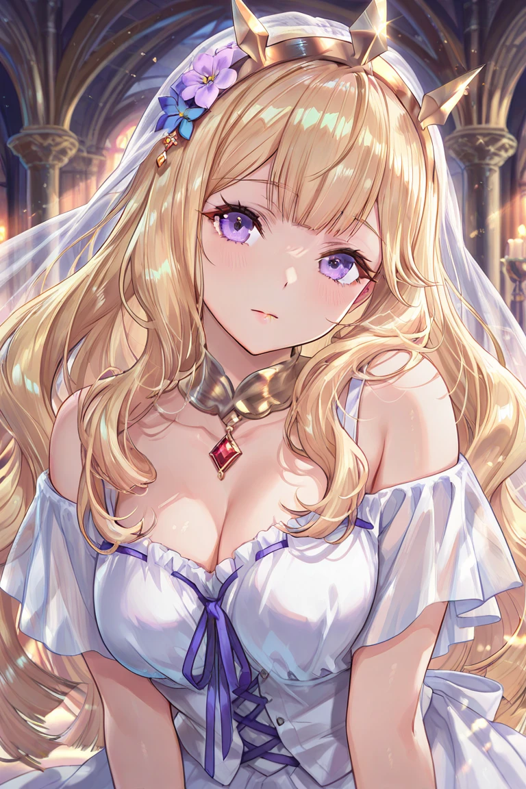 breasts, jewelry, rating:safe, long_hair, cleavage, earrings, blonde_hair, bare_shoulders, large_breasts, hat, dress, looking_at_viewer, 1girl, necklace, blue_eyes, veil, bangs, strapless, strapless_dress, cross, smile, indoors, very_long_hair, black_headwear, solo, collarbone, parted_lips, white_dress, mole_under_eye, choker, brown_hair, upper_body, eyebrows_visible_through_hair, hair_ornament, multiple_girls, gold, blush, artist_name, sitting, off_shoulder, gem