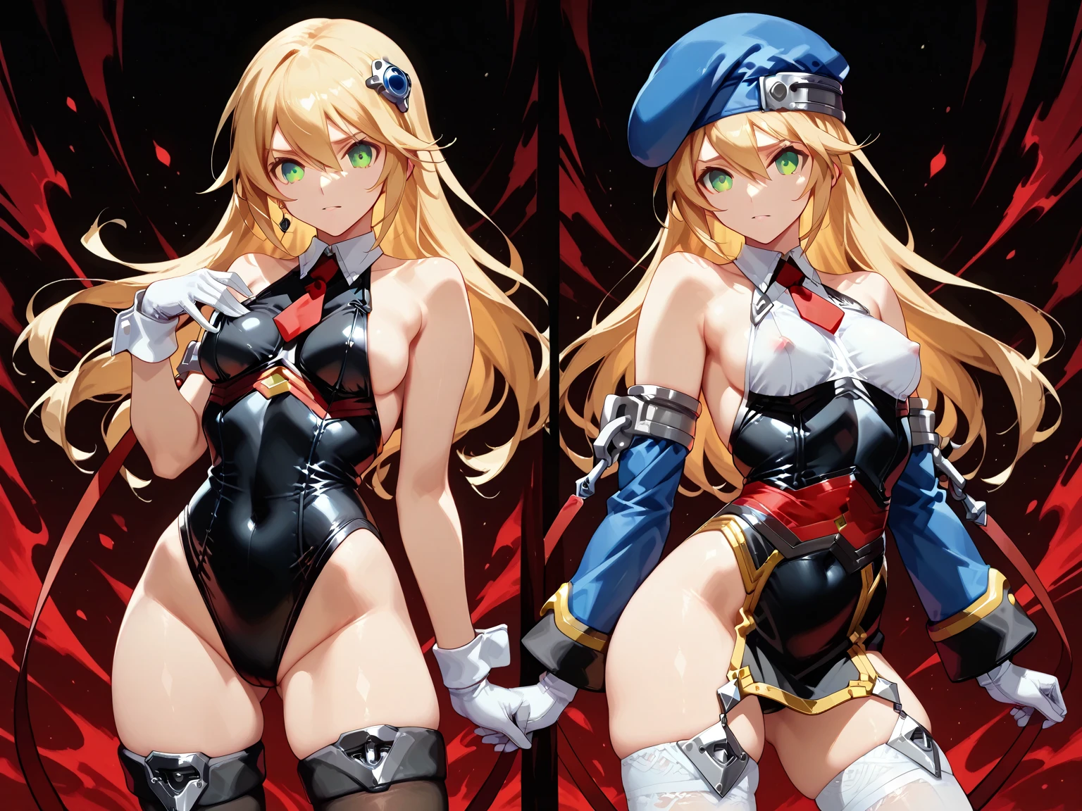 ultra-detailed, Explicit, Beautiful body, Beautiful Nose, Beautiful character design, perfect eyes, perfect face, ultra highres, 4K, beautiful legs, perfect legs, Nice hands, Perfect hand, Masterpiece, Best Quality, Highly detailed, illustration, absurdres, street fighter, doll suit, shadaloo doll, dollsuit, expressionless, blank eyes, looking at viewer, red gloves, emotionless, black latex, corrution, mind control, female combatant, full body, hypnotized, unhappy trance, full body suit, ribbed bodysuit, both arms at side, obey, perfect female body, extremely glossy latex, hypnosis, hypnoLora, empty eyes, Mind control device, poses, submissive_pose, Slave, hat, necktie, stand up straight, standing, standing at attention, hat, necktie, belt, latex, ribbed bodysuit, thighhighs, garter belt, Fighting Stance, extending the right arm from the shoulder into the air with a straightened hand, nazi saluting, military, military saluting, salute, thigh boots, 1girl, Latifa Fleuranza, Amagi Brilliant Park, blonde hair, very long hair, blue hair, tiara