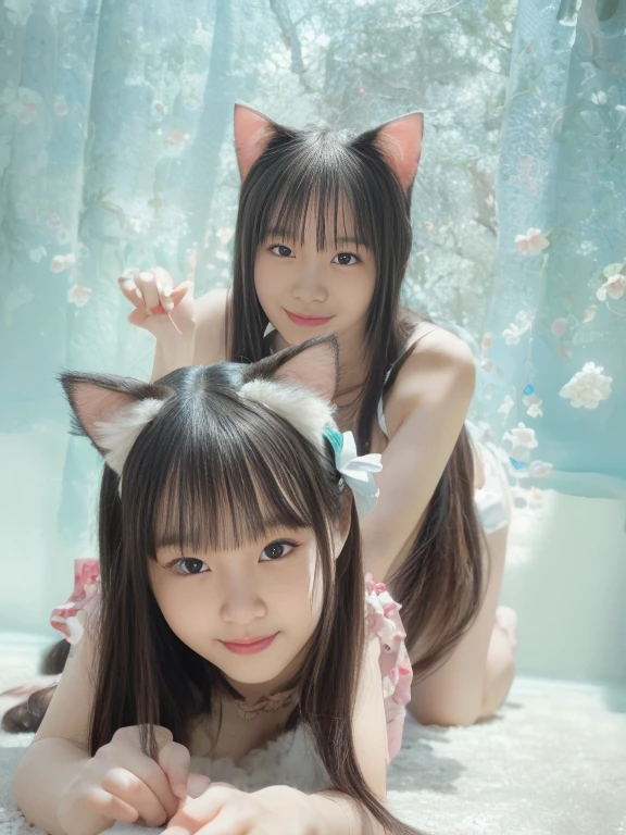 Two impregnanted small chested fox eared kindergarden girls are taking a bath on a bathup. Their body are full of soap. They are twin. (They both seven months pregnant). They are kissing each others. They wear a tiny glittering light blue tank top. They have a very long glittering light blue hair. Their eyes are light blue. They are stunning, cunning, beautiful, and very very cute. They show a huge smile with teeth