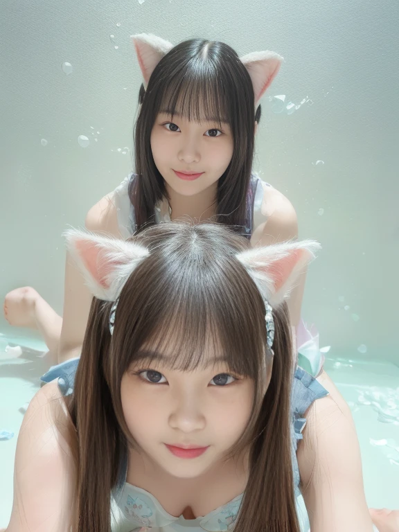 Two pregnant small chested fox eared kindergarden and elementary schoolar or  girls are taking a bath on a bathup. Their body are full of soap. They are twin. (They both seven months pregnant). They are kissing each others. They wear a tiny glittering light blue tank top. They have a very long glittering light blue hair. Their eyes are light blue. They are stunning, cunning, beautiful, and very very cute. They show a huge smile with teeth